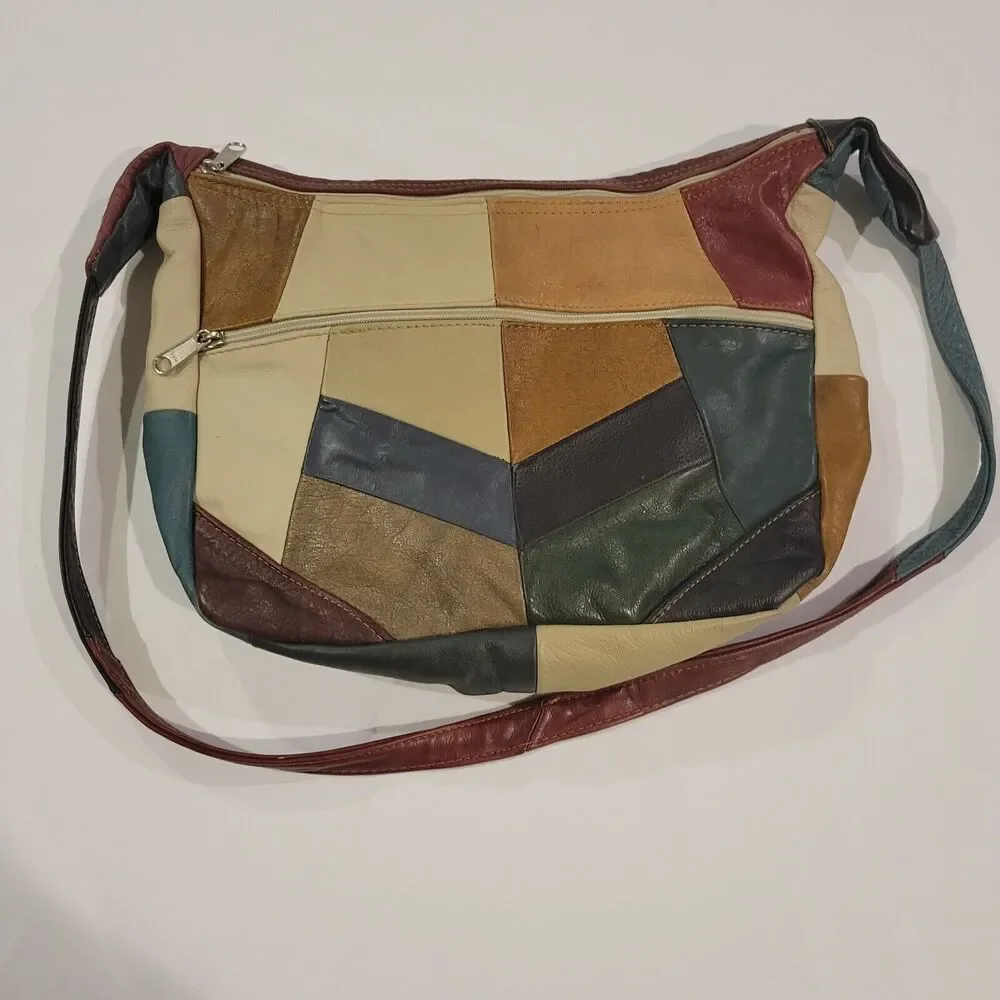 Vintage Boho Patchwork Genuine Leather Crossbody Shoulder Bag Made in Mexico